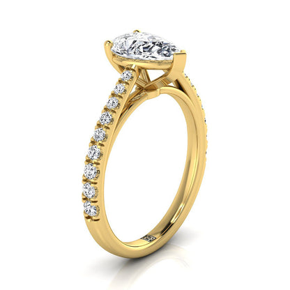 14K Yellow Gold Pear Shape Center Diamond French Pave Cathedral Style Solitaire Engagement Ring -1/4ctw