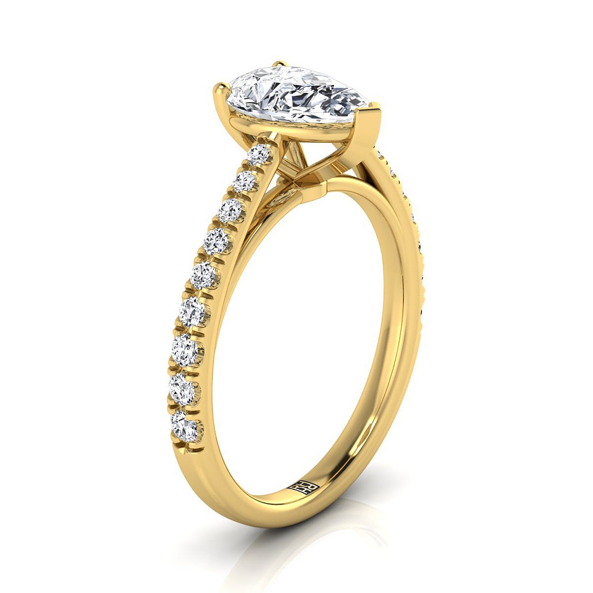 18K Yellow Gold Pear Shape Center Diamond French Pave Cathedral Style Solitaire Engagement Ring -1/4ctw