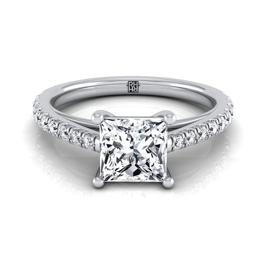 14K White Gold Princess Cut Diamond French Pave Cathedral Style Solitaire Engagement Ring -1/4ctw