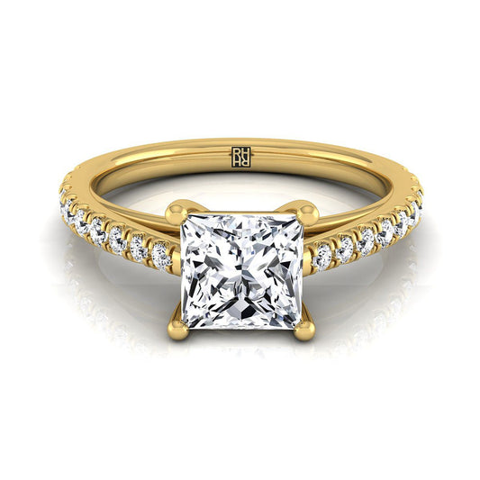 18K Yellow Gold Princess Cut Diamond French Pave Cathedral Style Solitaire Engagement Ring -1/4ctw