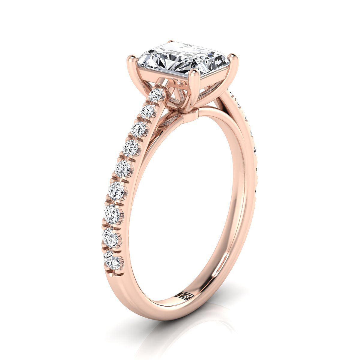 14K Rose Gold Radiant Cut Center Diamond French Pave Cathedral Style Solitaire Engagement Ring -1/4ctw