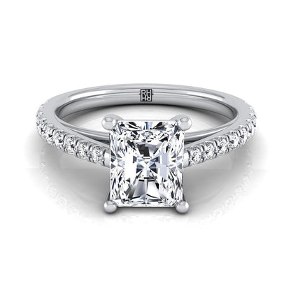 14K White Gold Radiant Cut Center Diamond French Pave Cathedral Style Solitaire Engagement Ring -1/4ctw