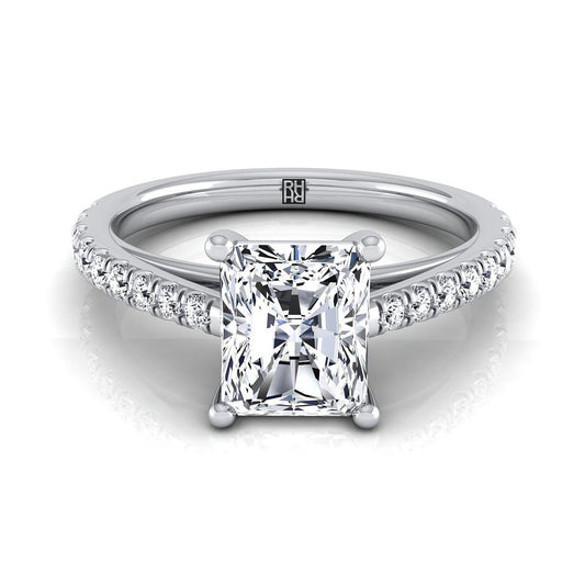 Platinum Radiant Cut Center Diamond French Pave Cathedral Style Solitaire Engagement Ring -1/4ctw