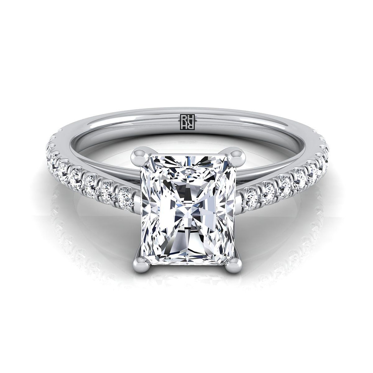 18K White Gold Radiant Cut Center Diamond French Pave Cathedral Style Solitaire Engagement Ring -1/4ctw