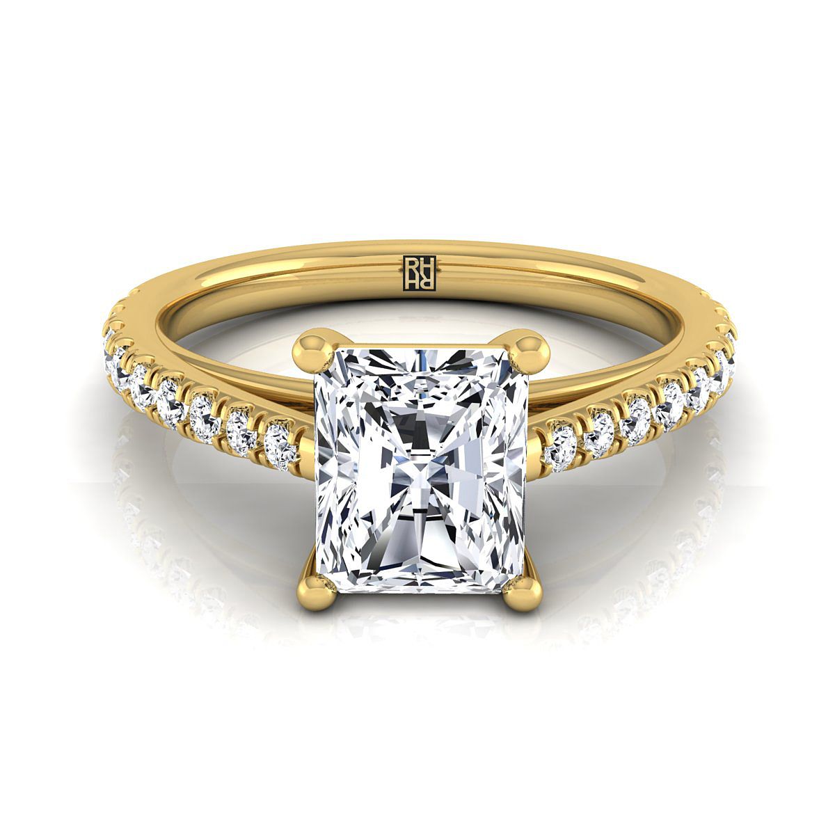 18K Yellow Gold Radiant Cut Center Diamond French Pave Cathedral Style Solitaire Engagement Ring -1/4ctw