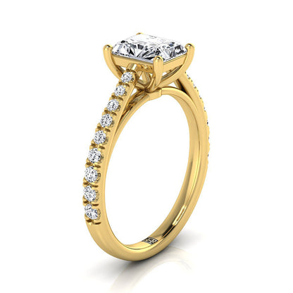 18K Yellow Gold Radiant Cut Center Diamond French Pave Cathedral Style Solitaire Engagement Ring -1/4ctw