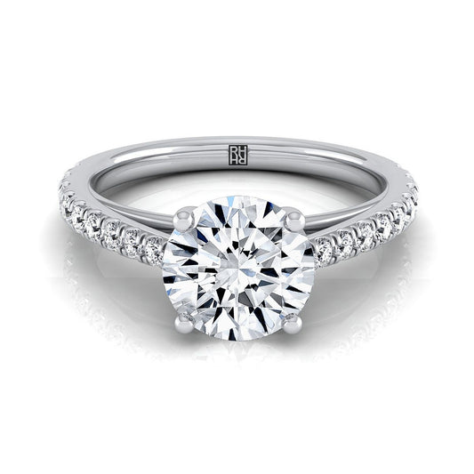 Platinum Round Brilliant Diamond French Pave Cathedral Style Solitaire Engagement Ring -1/4ctw