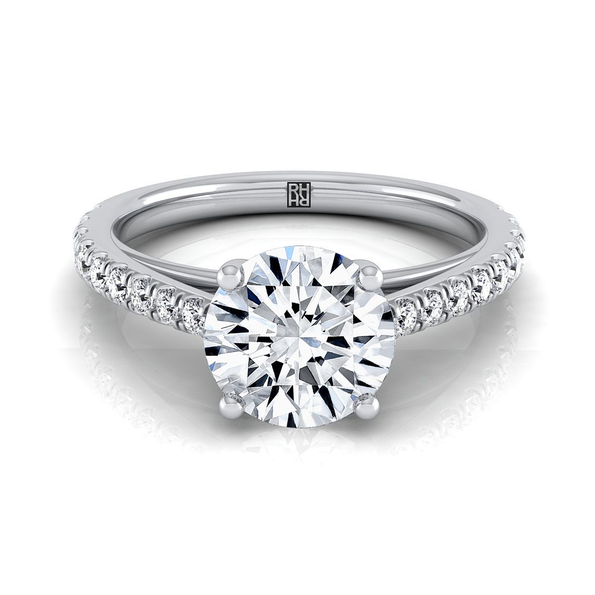 18K White Gold Round Brilliant Diamond French Pave Cathedral Style Solitaire Engagement Ring -1/4ctw