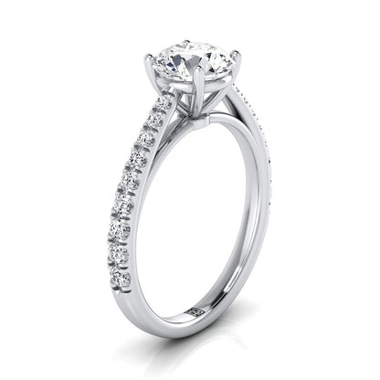 18K White Gold Round Brilliant Diamond French Pave Cathedral Style Solitaire Engagement Ring -1/4ctw