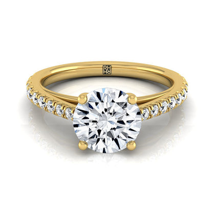 18K Yellow Gold Round Brilliant Diamond French Pave Cathedral Style Solitaire Engagement Ring -1/4ctw