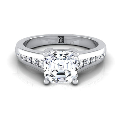 14K White Gold Asscher Cut Contemporary Tapered Diamond Channel Engagement Ring -1/6ctw