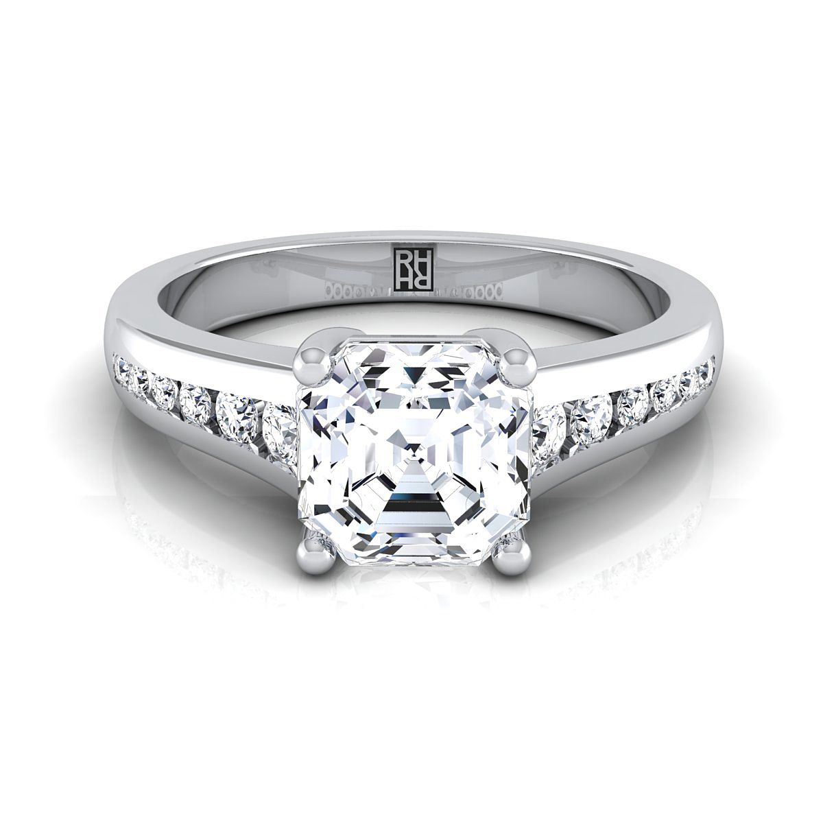 18K White Gold Asscher Cut Contemporary Tapered Diamond Channel Engagement Ring -1/6ctw