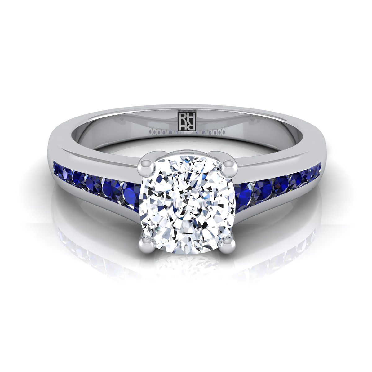 Platinum Cushion Contemporary Tapered Blue Sapphire Channel Engagement Ring