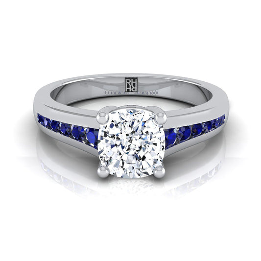 14K White Gold Cushion Contemporary Tapered Blue Sapphire Channel Engagement Ring