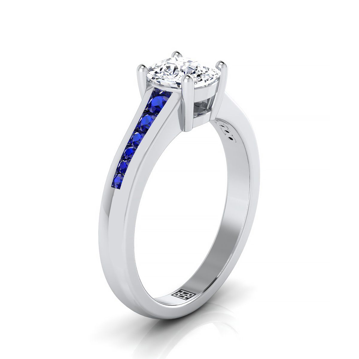 18K White Gold Cushion Contemporary Tapered Blue Sapphire Channel Engagement Ring