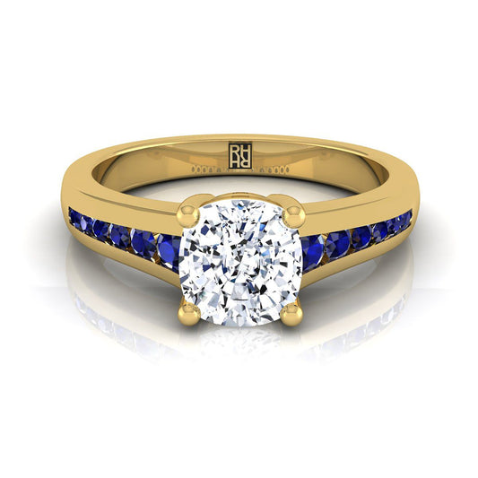 14K Yellow Gold Cushion Contemporary Tapered Blue Sapphire Channel Engagement Ring