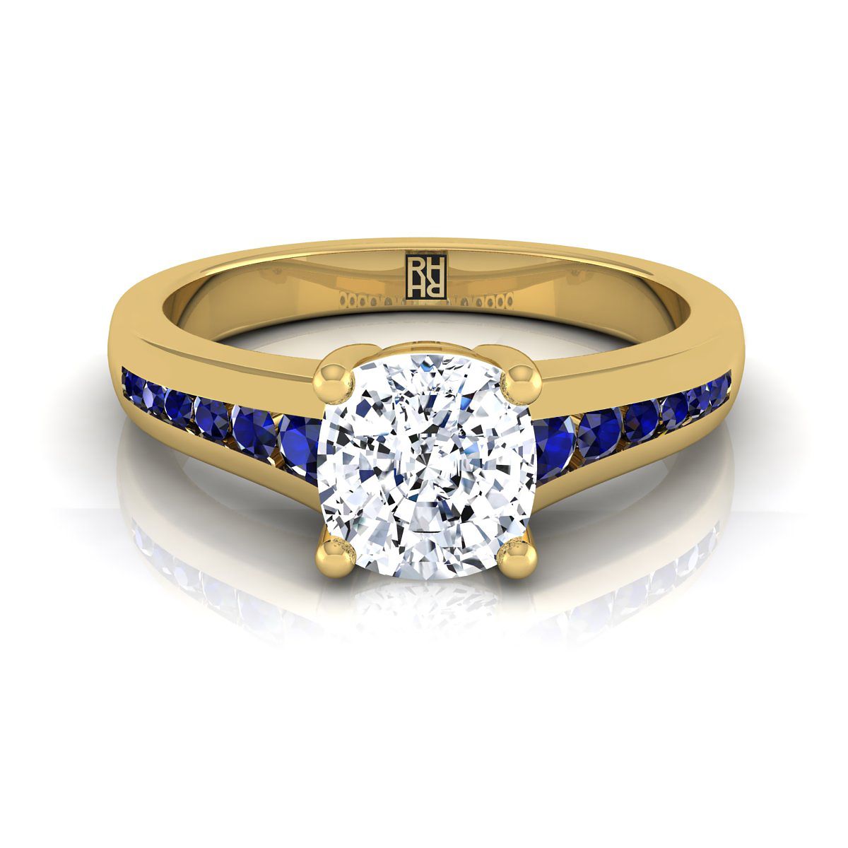 18K Yellow Gold Cushion Contemporary Tapered Blue Sapphire Channel Engagement Ring