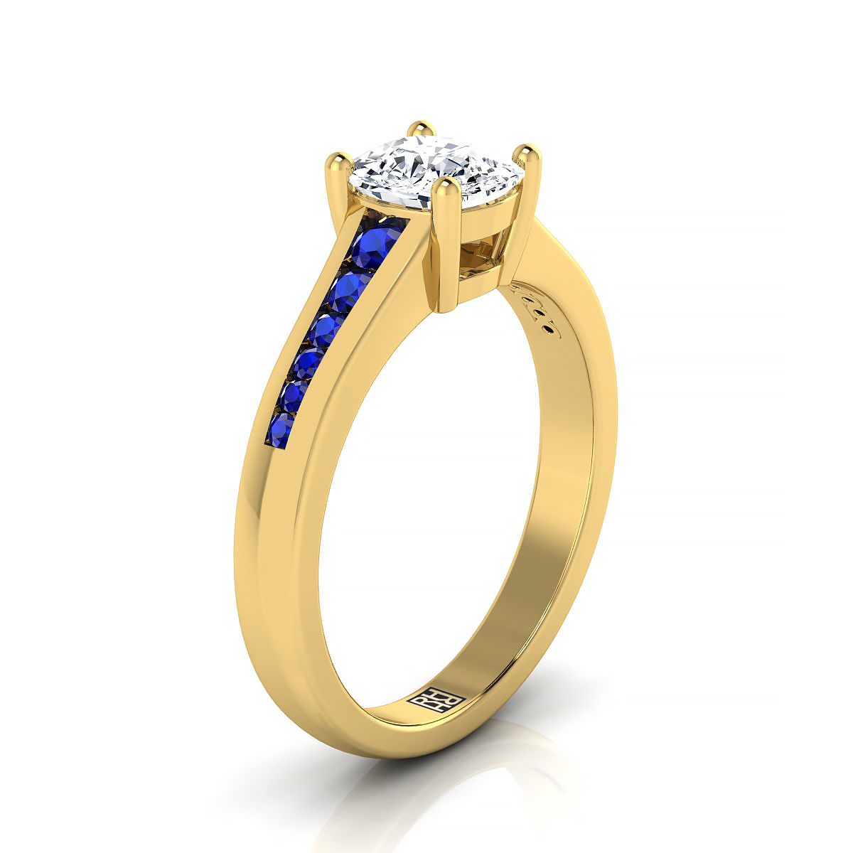 18K Yellow Gold Cushion Contemporary Tapered Blue Sapphire Channel Engagement Ring