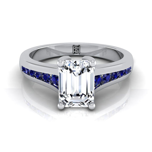 14K White Gold Emerald Cut Contemporary Tapered Blue Sapphire Channel Engagement Ring
