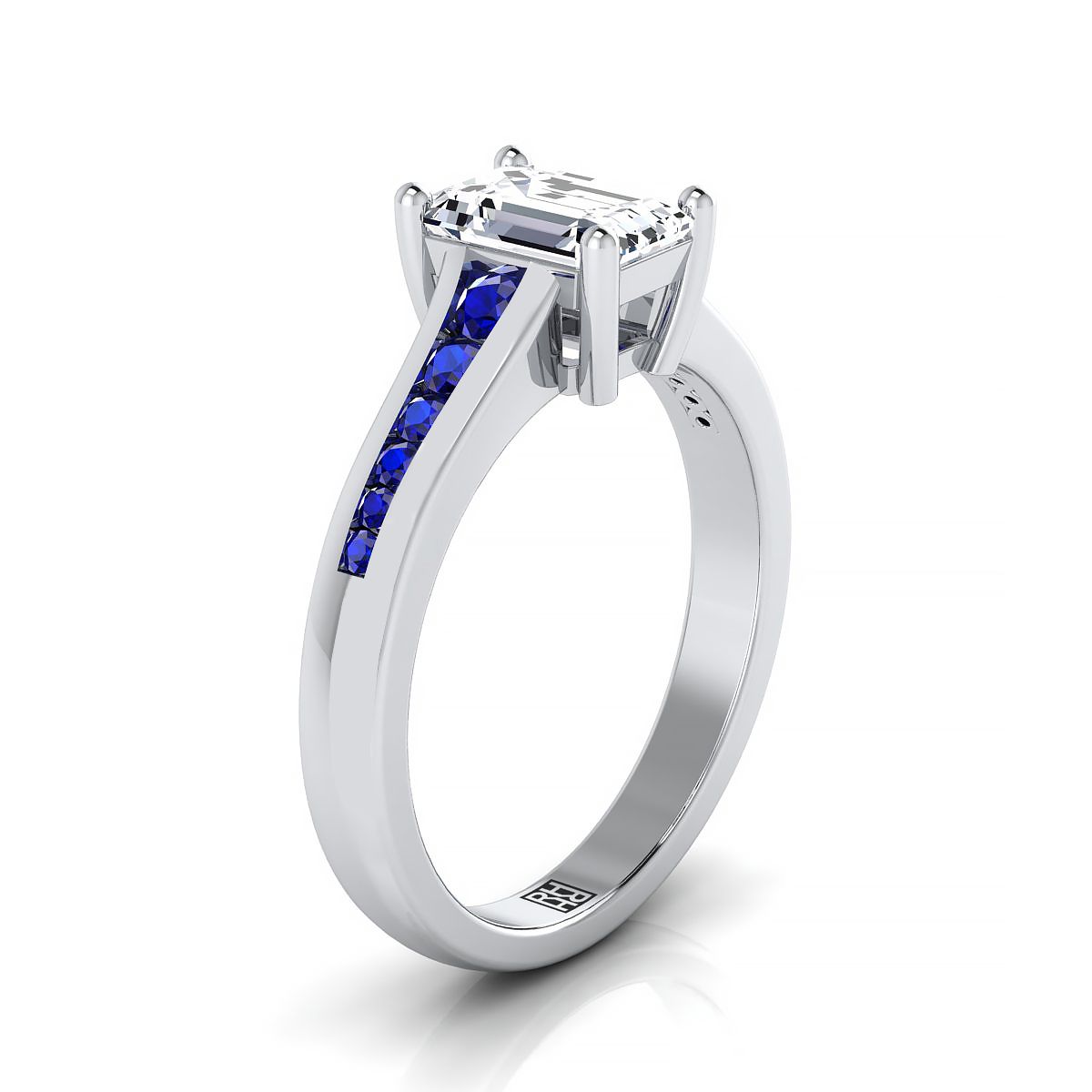 18K White Gold Emerald Cut Contemporary Tapered Blue Sapphire Channel Engagement Ring