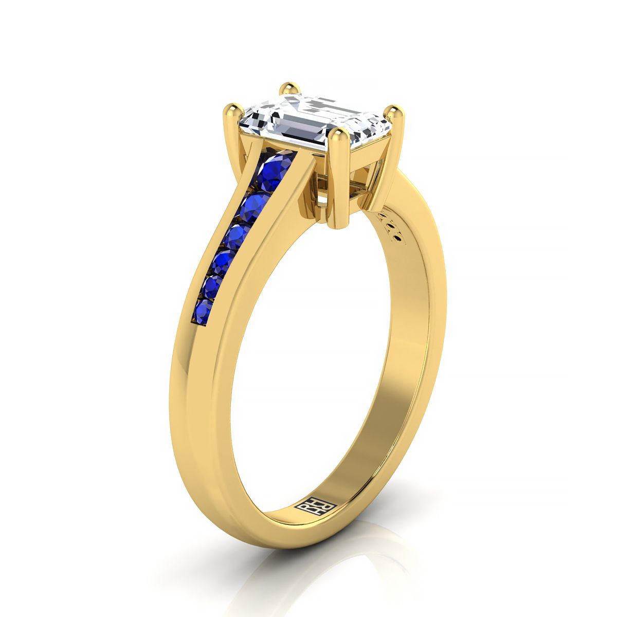 14K Yellow Gold Emerald Cut Contemporary Tapered Blue Sapphire Channel Engagement Ring