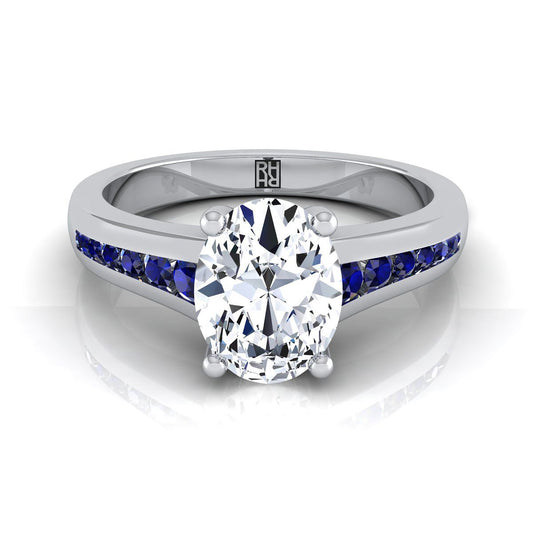 18K White Gold Oval Contemporary Tapered Blue Sapphire Channel Engagement Ring