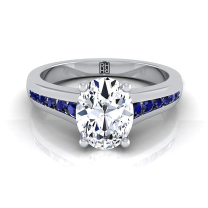 Platinum Oval Contemporary Tapered Blue Sapphire Channel Engagement Ring