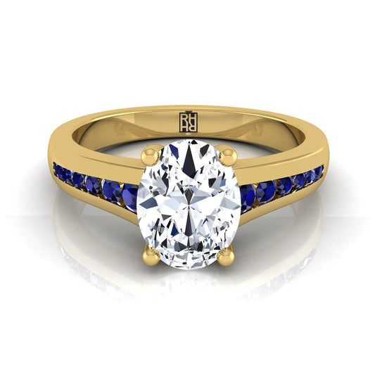 18K Yellow Gold Oval Contemporary Tapered Blue Sapphire Channel Engagement Ring