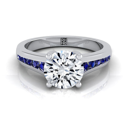 18K White Gold Round Brilliant Contemporary Tapered Blue Sapphire Channel Engagement Ring