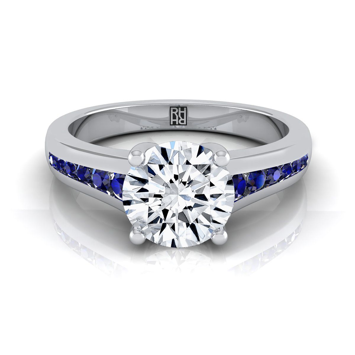 Platinum Round Brilliant Contemporary Tapered Blue Sapphire Channel Engagement Ring