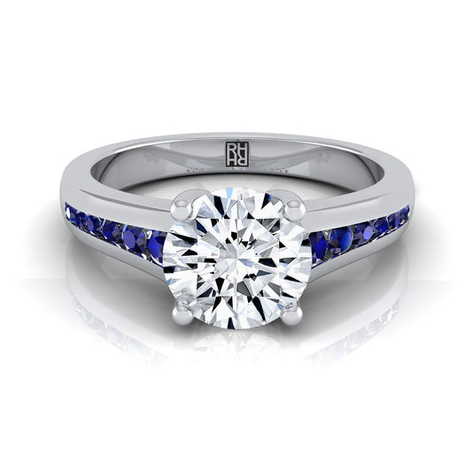 14K White Gold Round Brilliant Contemporary Tapered Blue Sapphire Channel Engagement Ring