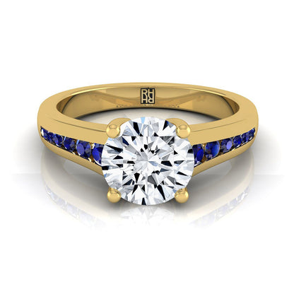 18K Yellow Gold Round Brilliant Contemporary Tapered Blue Sapphire Channel Engagement Ring