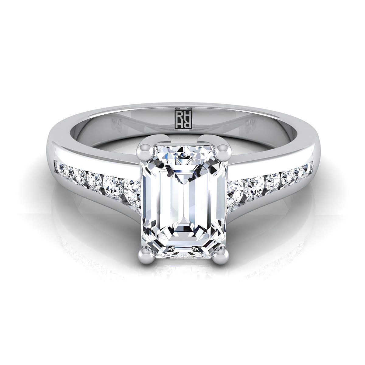 14K White Gold Emerald Cut Contemporary Tapered Diamond Channel Engagement Ring -1/6ctw