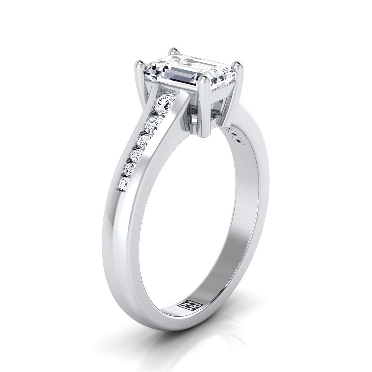 18K White Gold Emerald Cut Contemporary Tapered Diamond Channel Engagement Ring -1/6ctw