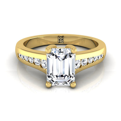 18K Yellow Gold Emerald Cut Contemporary Tapered Diamond Channel Engagement Ring -1/6ctw