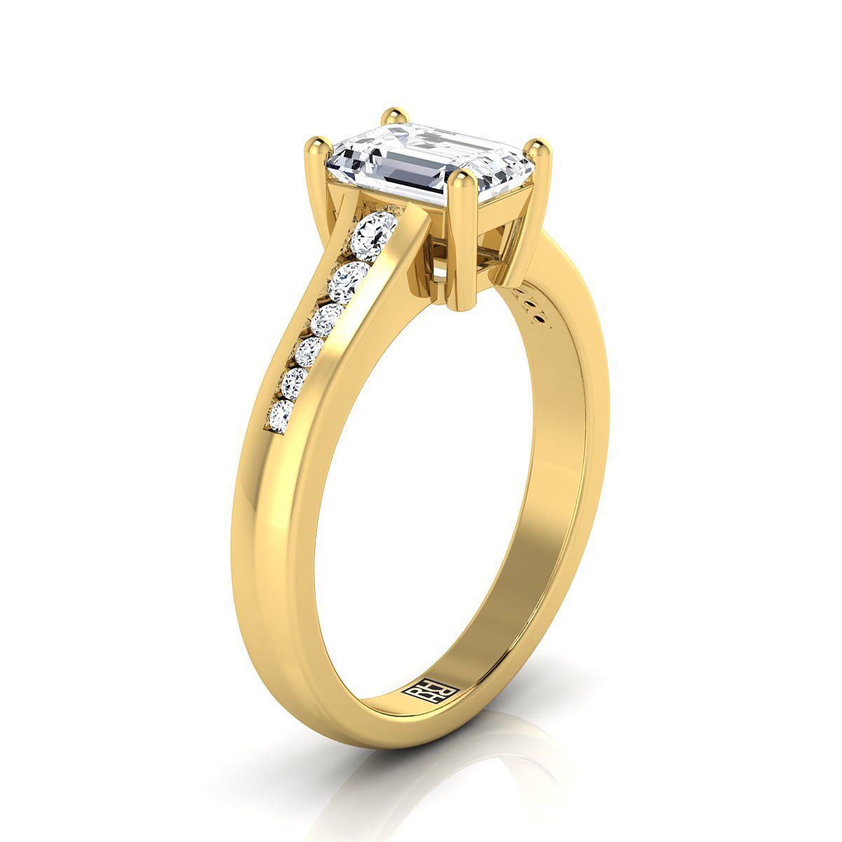 14K Yellow Gold Emerald Cut Contemporary Tapered Diamond Channel Engagement Ring -1/6ctw
