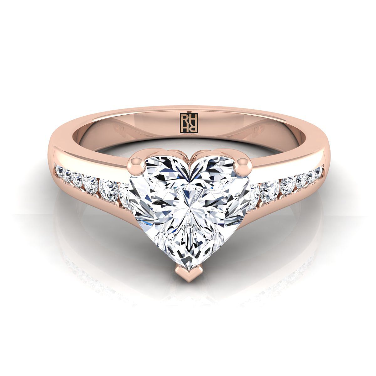 14K Rose Gold Heart Shape Center Contemporary Tapered Diamond Channel Engagement Ring -1/6ctw