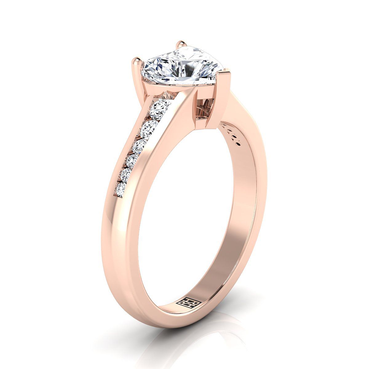 14K Rose Gold Heart Shape Center Contemporary Tapered Diamond Channel Engagement Ring -1/6ctw