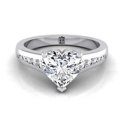 14K White Gold Heart Shape Center Contemporary Tapered Diamond Channel Engagement Ring -1/6ctw
