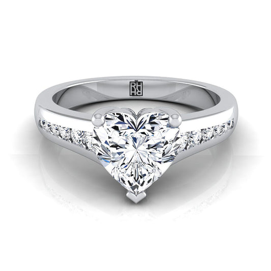 14K White Gold Heart Shape Center Contemporary Tapered Diamond Channel Engagement Ring -1/6ctw