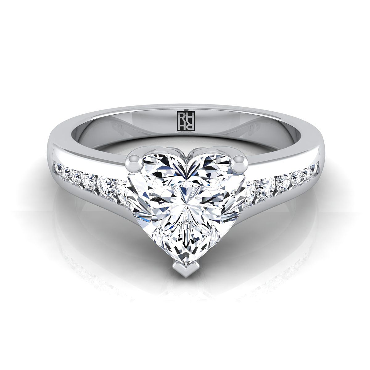 18K White Gold Heart Shape Center Contemporary Tapered Diamond Channel Engagement Ring -1/6ctw