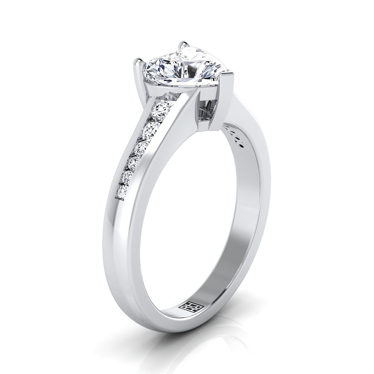 Platinum Heart Shape Center Contemporary Tapered Diamond Channel Engagement Ring -1/6ctw
