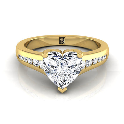18K Yellow Gold Heart Shape Center Contemporary Tapered Diamond Channel Engagement Ring -1/6ctw