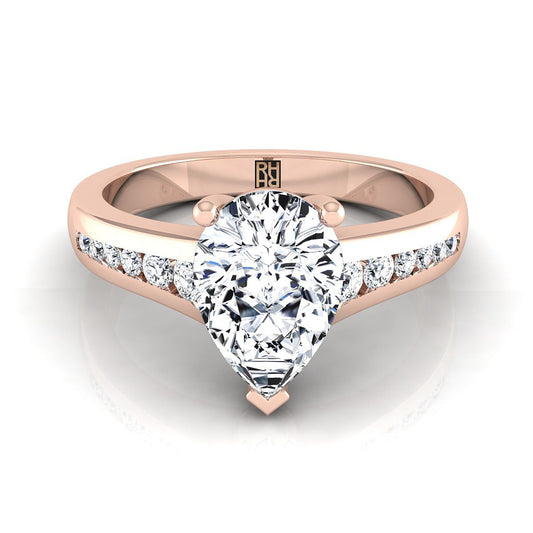 14K Rose Gold Pear Shape Center Contemporary Tapered Diamond Channel Engagement Ring -1/6ctw