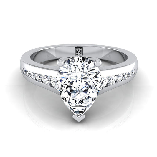 18K White Gold Pear Shape Center Contemporary Tapered Diamond Channel Engagement Ring -1/6ctw