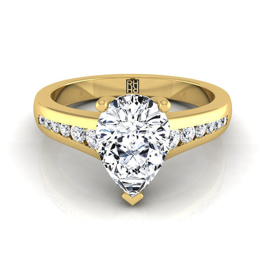 14K Yellow Gold Pear Shape Center Contemporary Tapered Diamond Channel Engagement Ring -1/6ctw