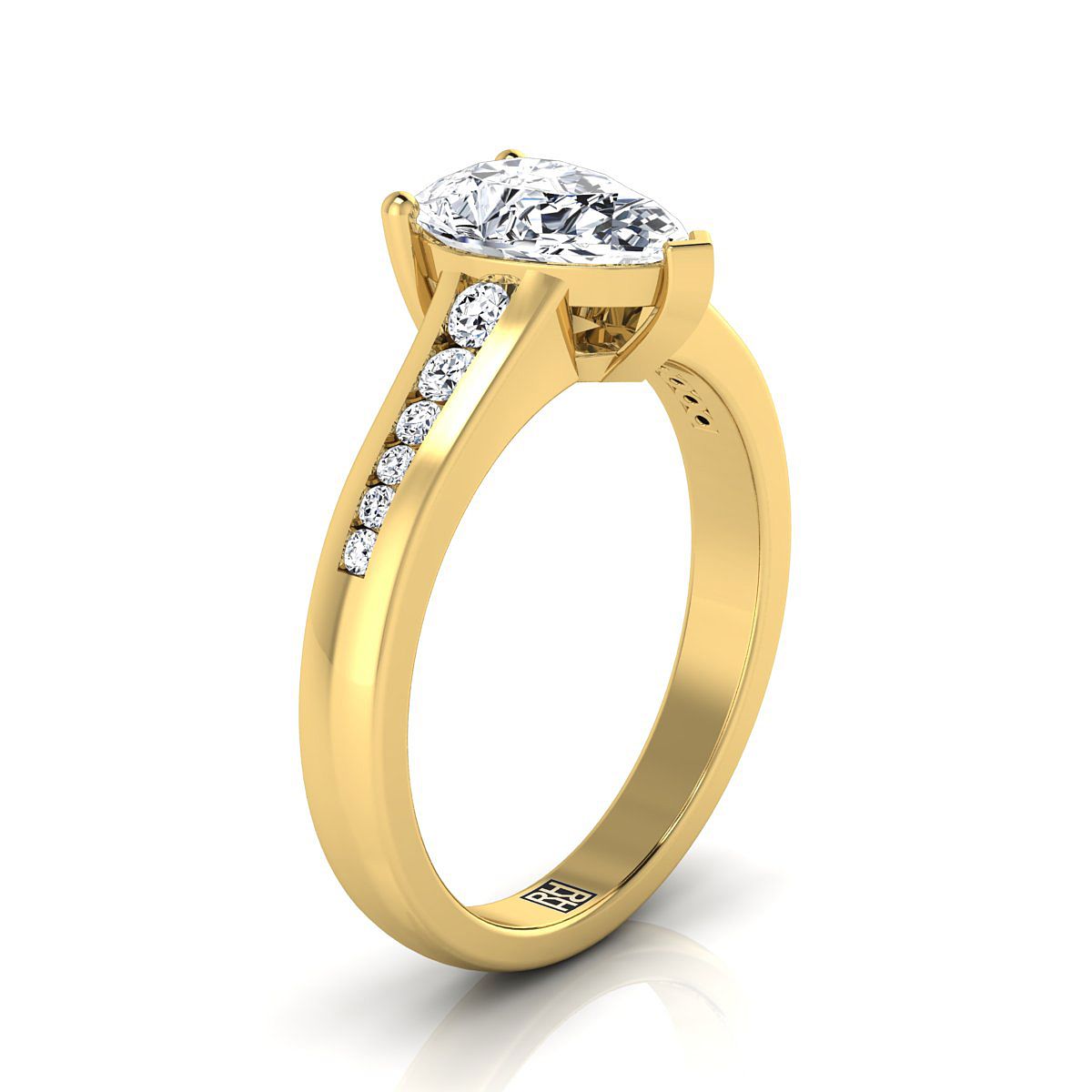 18K Yellow Gold Pear Shape Center Contemporary Tapered Diamond Channel Engagement Ring -1/6ctw