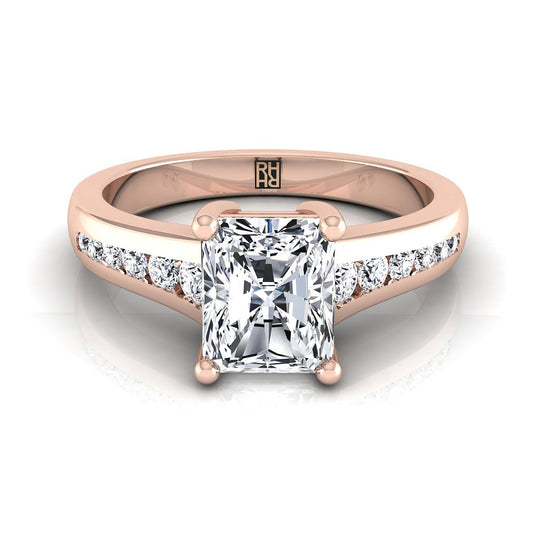 14K Rose Gold Radiant Cut Center Contemporary Tapered Diamond Channel Engagement Ring -1/6ctw