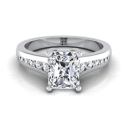 14K White Gold Radiant Cut Center Contemporary Tapered Diamond Channel Engagement Ring -1/6ctw