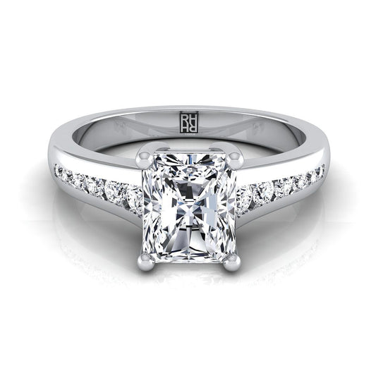 18K White Gold Radiant Cut Center Contemporary Tapered Diamond Channel Engagement Ring -1/6ctw